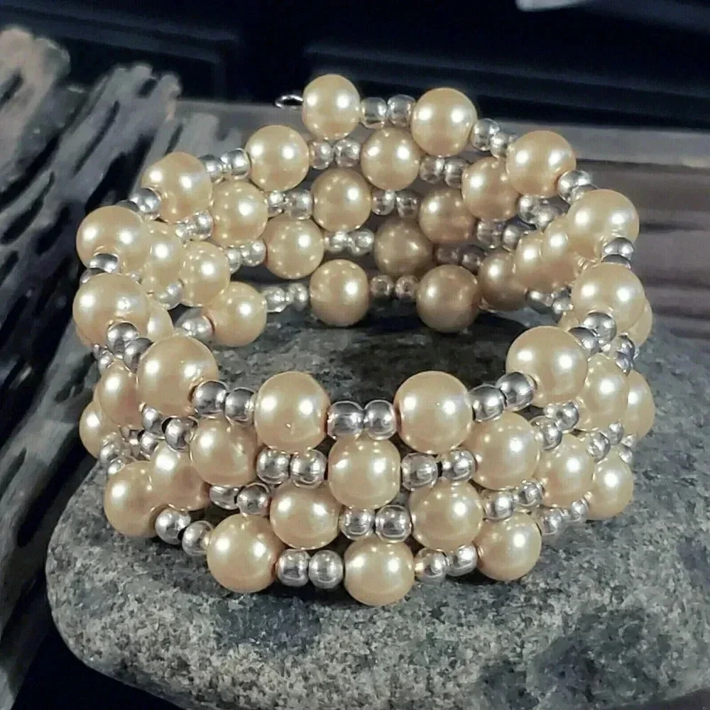 Handcrafted Champagne Beige Glass Pearl Silver Beads Wrap Bracelet - Picture 1 of 6
